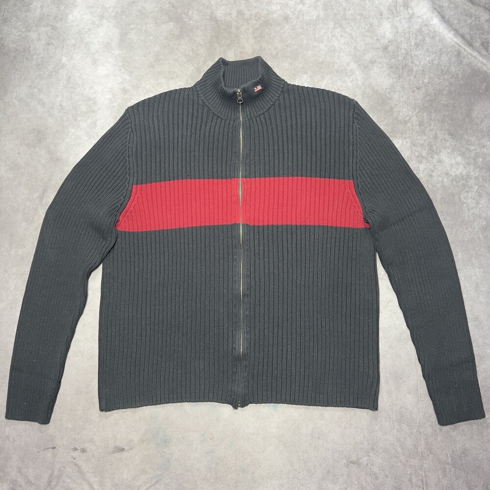 Vintage Polo Jeans Ralph Lauren Sweater Mens XL Black Red Full Zip Rib Knit 90s